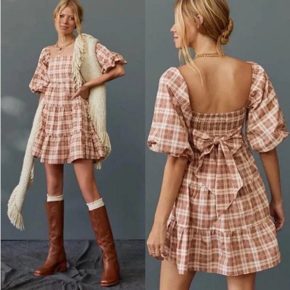 Faithfull the Brand Eryn Lori Check Puff Sleeve Mini Dress
